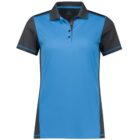 A short-sleeved polo shirt with a blue front and back panel, featuring dark gray sleeves and side panels. It has a dark gray collar and a buttoned placket. The trim on the sleeves and collar is also dark gray.