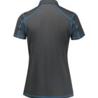A dark gray short-sleeve sports shirt with light blue stitching is shown from the back. It has a ribbed collar and seams running down the sides and shoulders, highlighting a fitted design. The background is plain white.