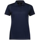 A navy blue short-sleeve polo shirt with a collar and button-up front. The shirt features light stitching along the sides and shoulders, providing a subtle contrast. It is displayed against a plain white background.