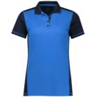 A womens polo shirt with short sleeves. The shirt is primarily blue with dark navy accents on the sleeves and shoulders. It has a collar and a three-button placket.