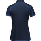 Back view of a short-sleeved, dark blue polo shirt with light blue stitching along the seams and edges. The shirt features a collar and a streamlined, sporty design.