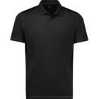 A plain black polo shirt with a classic collar and three-button placket is displayed against a white background. The shirt has short sleeves and a simple, sleek design.