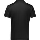 Back view of a plain black short-sleeved polo shirt with a collar. The fabric appears smooth and lightweight. The image shows no branding or additional design elements.