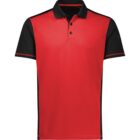 A red and black color-block polo shirt with short sleeves. The shirt features a red front and back with black sleeves and a black collar. There are three buttons on the placket.