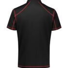 A black polo shirt with red stitching accents on the seams and edges, displayed from the back. The shirt has short sleeves and a classic collar, combining a sleek and simple design.