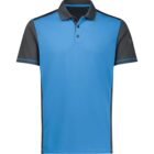 A short-sleeved polo shirt with a light blue front and dark gray sides, sleeves, and collar. The collar is buttoned with three buttons, and there is a thin blue line detail on the gray sleeves.