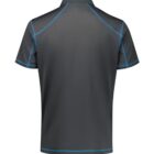 Back view of a dark gray collared shirt with bright blue stitching along the seams and edges. The shirt features short sleeves and a simple design against a plain white background.