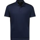 A plain dark blue polo shirt with a collar and short sleeves, displayed against a white background. The shirt has a subtle sheen, with three buttons on the placket.