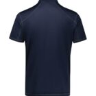 Back view of a dark blue, short-sleeved polo shirt against a white background. The shirt features subtle stitching along the shoulders and sleeves, with a straight hem.