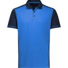 A blue and black polo shirt with a three-button collar. The shirt has black shoulders and sleeves, while the main body is blue.