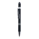 A black ballpoint pen featuring a stylus tip on the end and the brand name Samsung printed on the barrel. The pen has silver accents and a clip for attaching to notebooks or pockets.