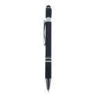 A black ballpoint pen with a silver clip and accents. The pen features a stylus tip on the opposite end for touchscreen devices.