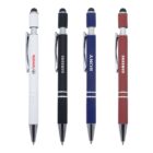 Four stylus pens are displayed vertically. They have silver tips and clips, with colors and logos: white with Toyota, black with Samsung, blue with Sony, and red with Samsung. Each has a small black stylus tip on top.