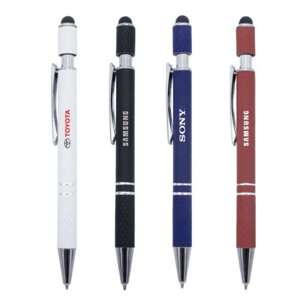 Four stylus pens are displayed vertically. They have silver tips and clips, with colors and logos: white with Toyota, black with Samsung, blue with Sony, and red with Samsung. Each has a small black stylus tip on top.
