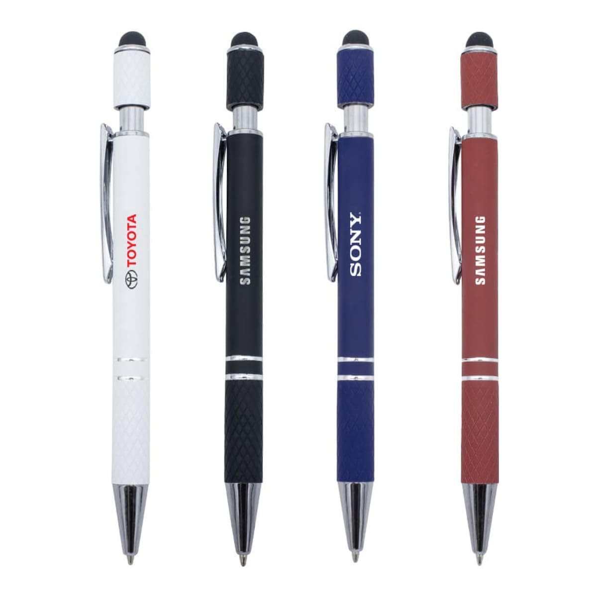 Four pens with blue ink tips and stylus ends are shown. The pens are white, black, blue, and red, featuring logos of Toyota, Samsung, Sony, and Samsung again, respectively.