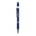 A blue ballpoint pen with silver accents, featuring a stylus tip on one end and the word SONY printed on the barrel. It has a metal clip for attachment.
