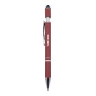 Red Samsung pen with a silver clip and black tip, featuring a small stylus on top.