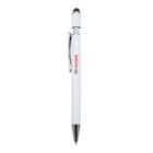 A white pen with a metallic clip and tip, featuring the red Toyota logo printed on its side. The pen has a black stylus tip at the top, suitable for touchscreen devices.