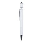 A white ballpoint pen with a retractable tip, featuring a metal clip and a black rubber stylus tip at the end. The pen has a sleek, modern design.