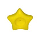 A yellow star-shaped object with rounded edges and a small circular indentation in the center, set against a plain white background.