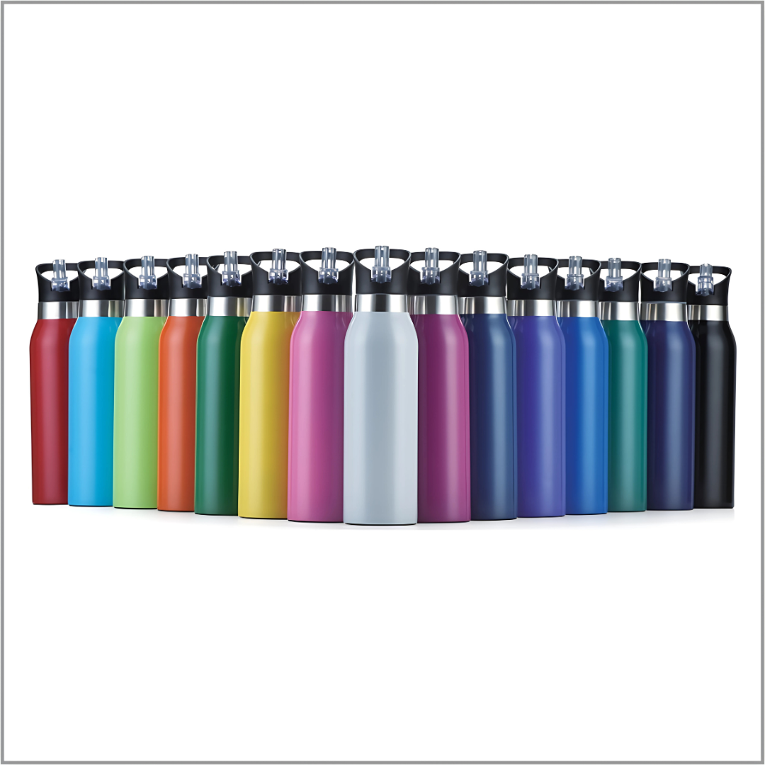 Colorful Pearly bottles with black lids sit in a row against a white background.