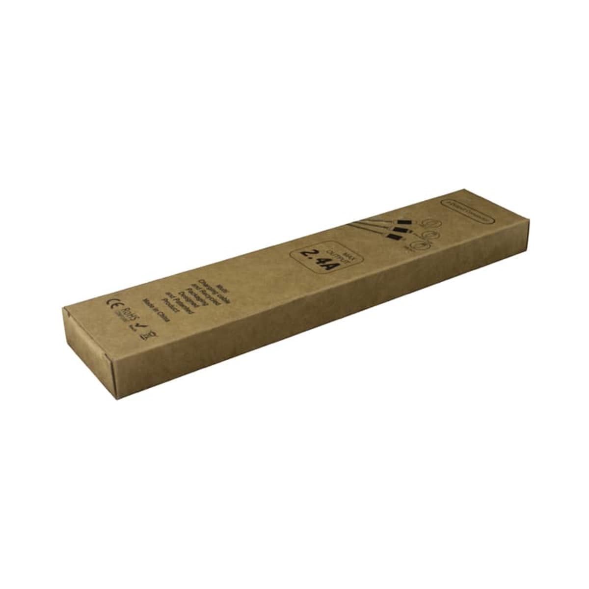 A long, rectangular cardboard box with printed text and symbols, including a recycling icon and handling instructions, on its surface. The text indicates a measurement of 2.44 meters. The box is plain brown.
