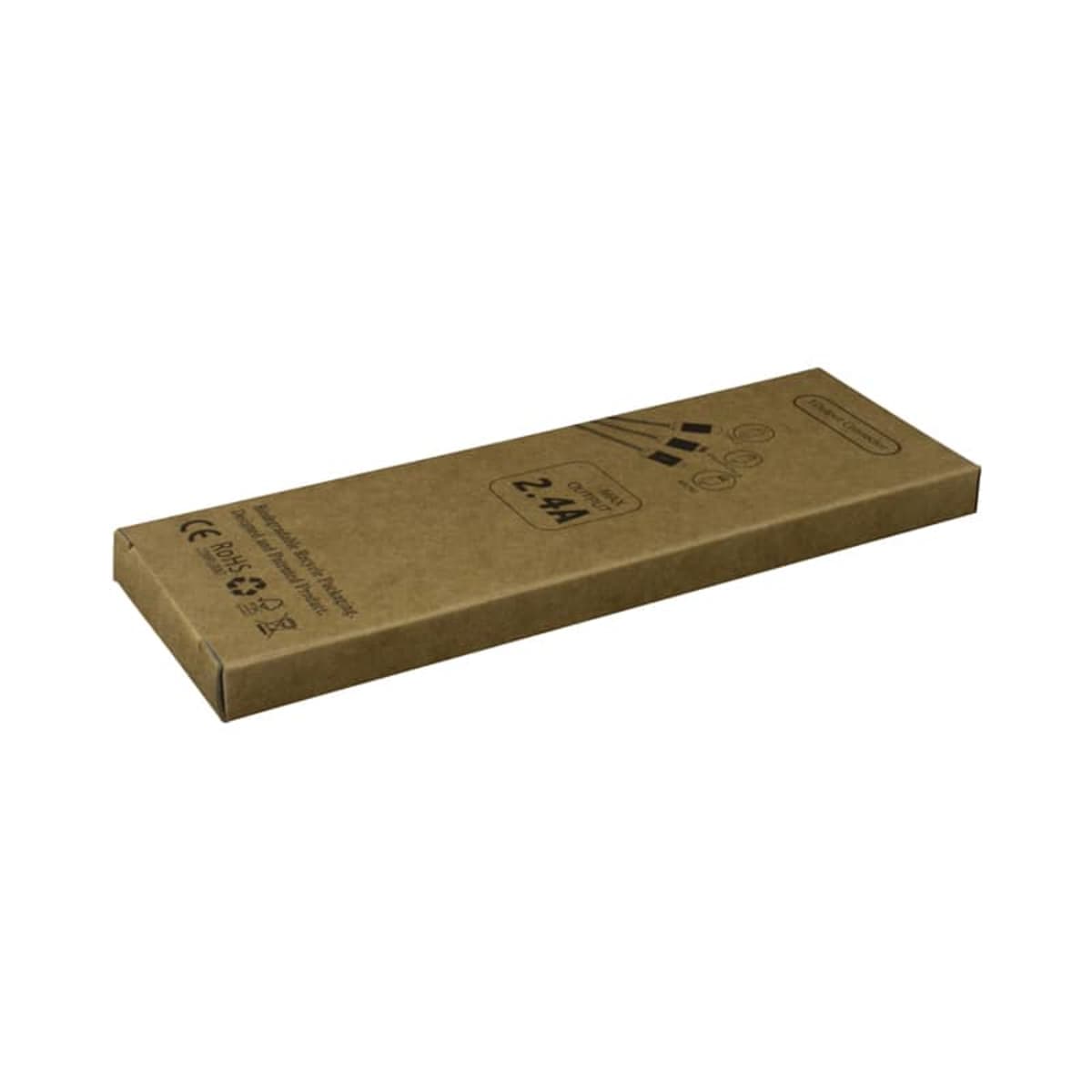 A long, rectangular cardboard box with printed icons and text. The packaging appears to be eco-friendly, and the box is plain brown with minimal markings.