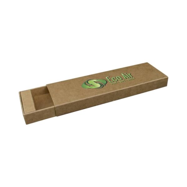 A long, rectangular cardboard box partially opened, revealing the interior. The box features a green spiral design and the text Eco Air with Breathe Fresh beneath it. Background is plain white.