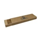 A rectangular brown cardboard box with a sliding drawer partially open. The box features a logo with a mountain and the text Above & Beyond Team Building in blue on the top.