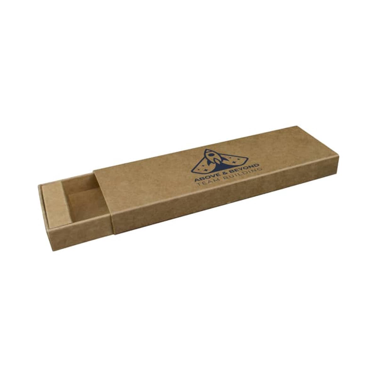 A rectangular brown cardboard box with a sliding drawer partially open. The box features a logo with a mountain and the text Above & Beyond Team Building in blue on the top.