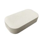 A white, rectangular soap dish with rounded edges and a speckled texture is shown from an angled perspective. It features a central indentation for holding soap.