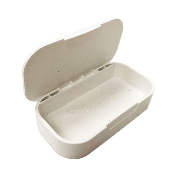 A rectangular, hinged, white plastic container with an open lid, revealing an empty interior.