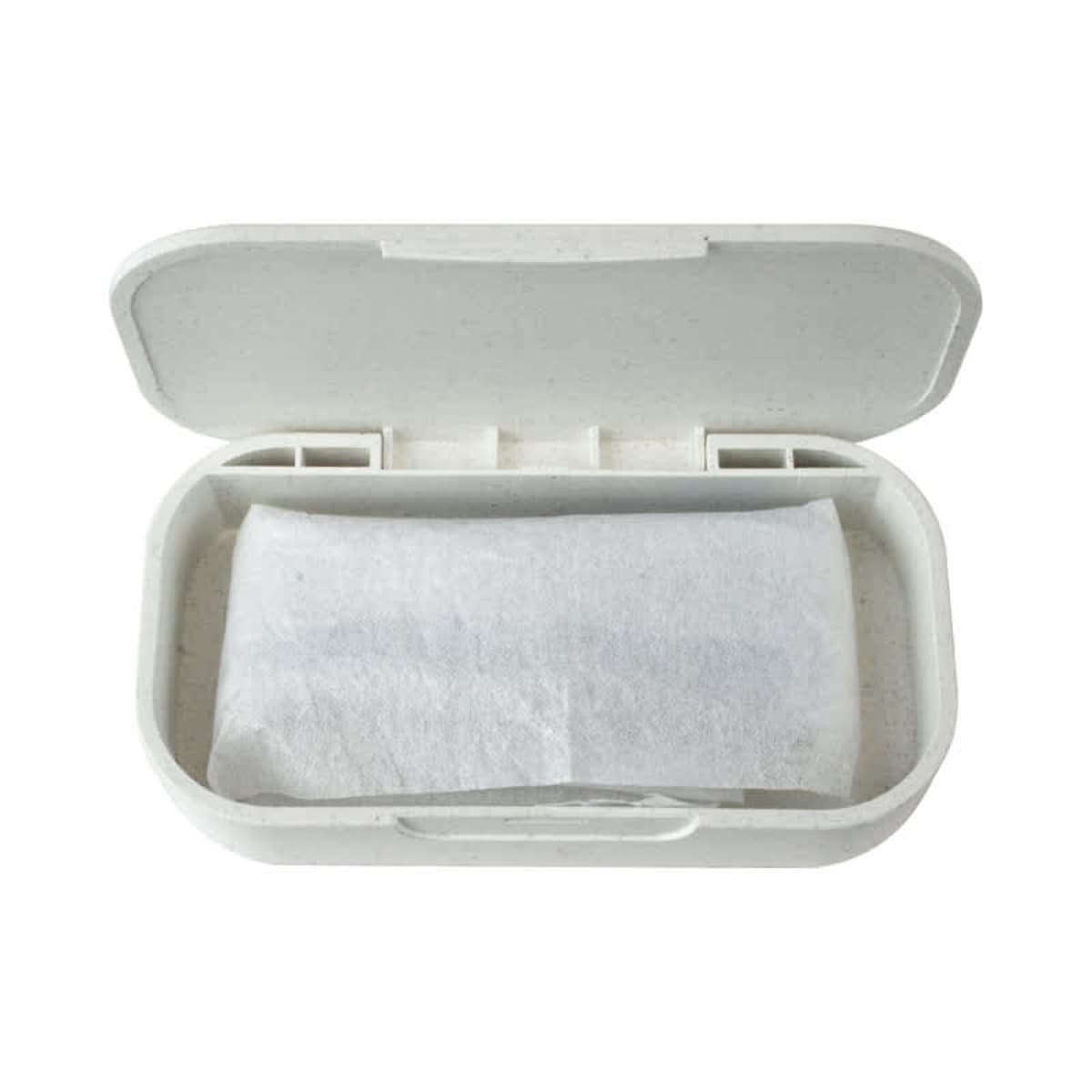 A white rectangular container with an open lid, revealing a white cloth or paper sheet inside. The container has a simple, minimalist design.