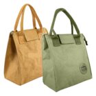Two insulated lunch bags with zip closures and top handles. One bag is brown and the other is green, both with a rectangular shape and a small front flap. The green bag has a circular logo on the front.