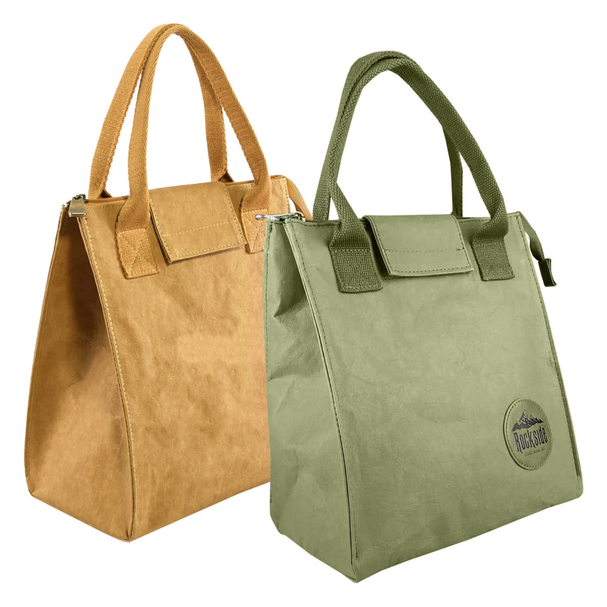 Two insulated lunch bags with zip closures and top handles. One bag is brown and the other is green, both with a rectangular shape and a small front flap. The green bag has a circular logo on the front.