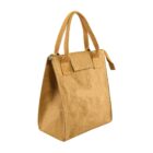 A brown, paper-like tote bag with a square base and wide opening, featuring sturdy handles and a zipper closure at the top. The bag has a simple, minimalist design.