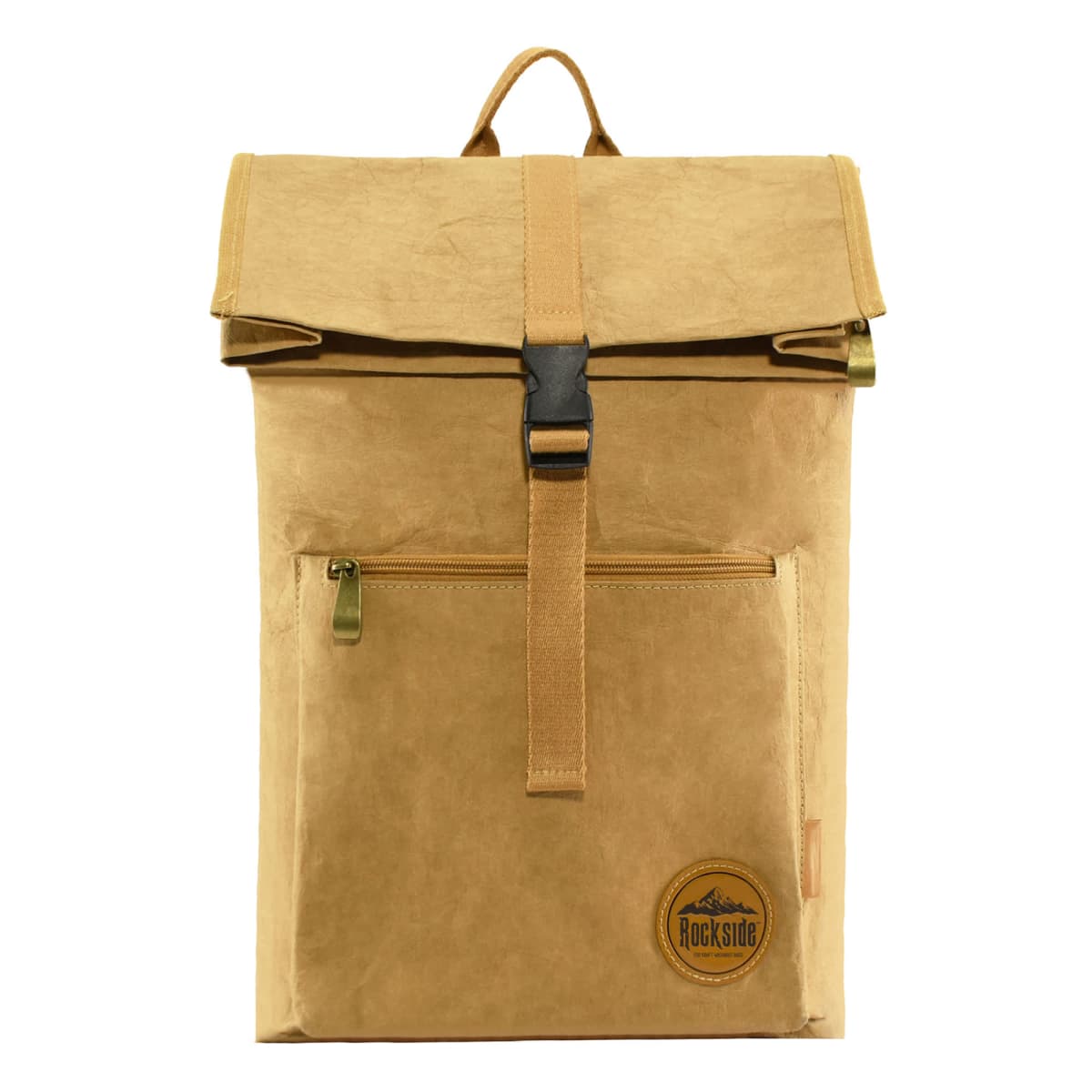 A light brown backpack with a roll-top closure and a black buckle. It has a front zip pocket and a logo patch on the lower right corner featuring a mountain design and the text Rockside.