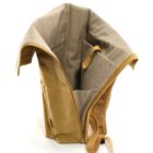 A tan and beige backpack with its top unzipped, revealing a spacious interior. The backpack features adjustable straps and a textured side pocket. It is made of durable fabric, suitable for outdoor activities or travel.