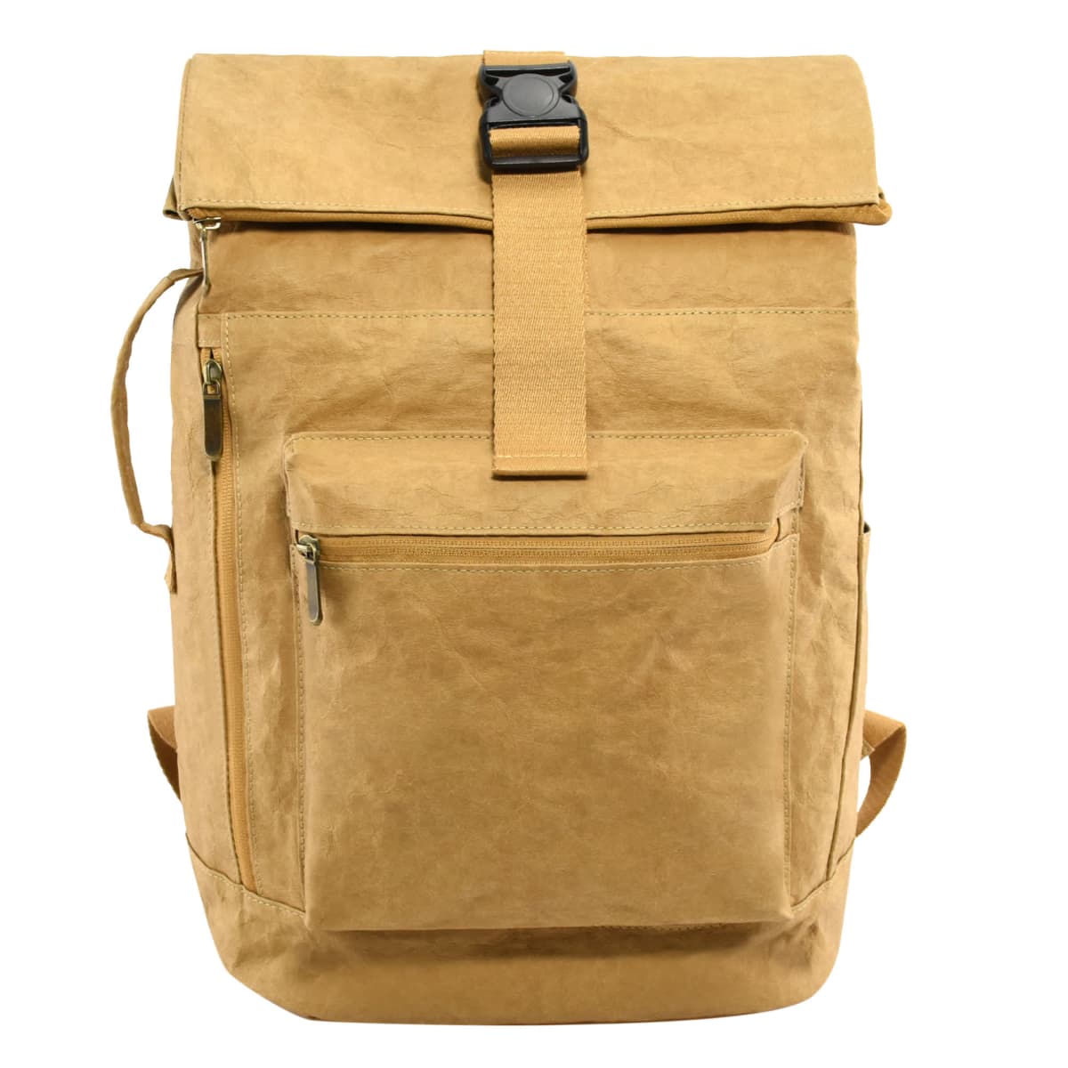 A tan, rectangular backpack with a fold-over top secured by a buckle. It features a front zippered pocket and a side zipper. The backpack is made of a textured fabric, likely paper-based material. Simple and minimalist design.
