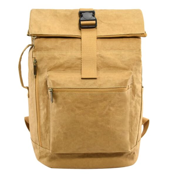 A tan, rectangular backpack with a roll-top closure secured by a black plastic buckle. It features a front zippered pocket and a side zipper for additional storage. The material appears sturdy, with adjustable shoulder straps.