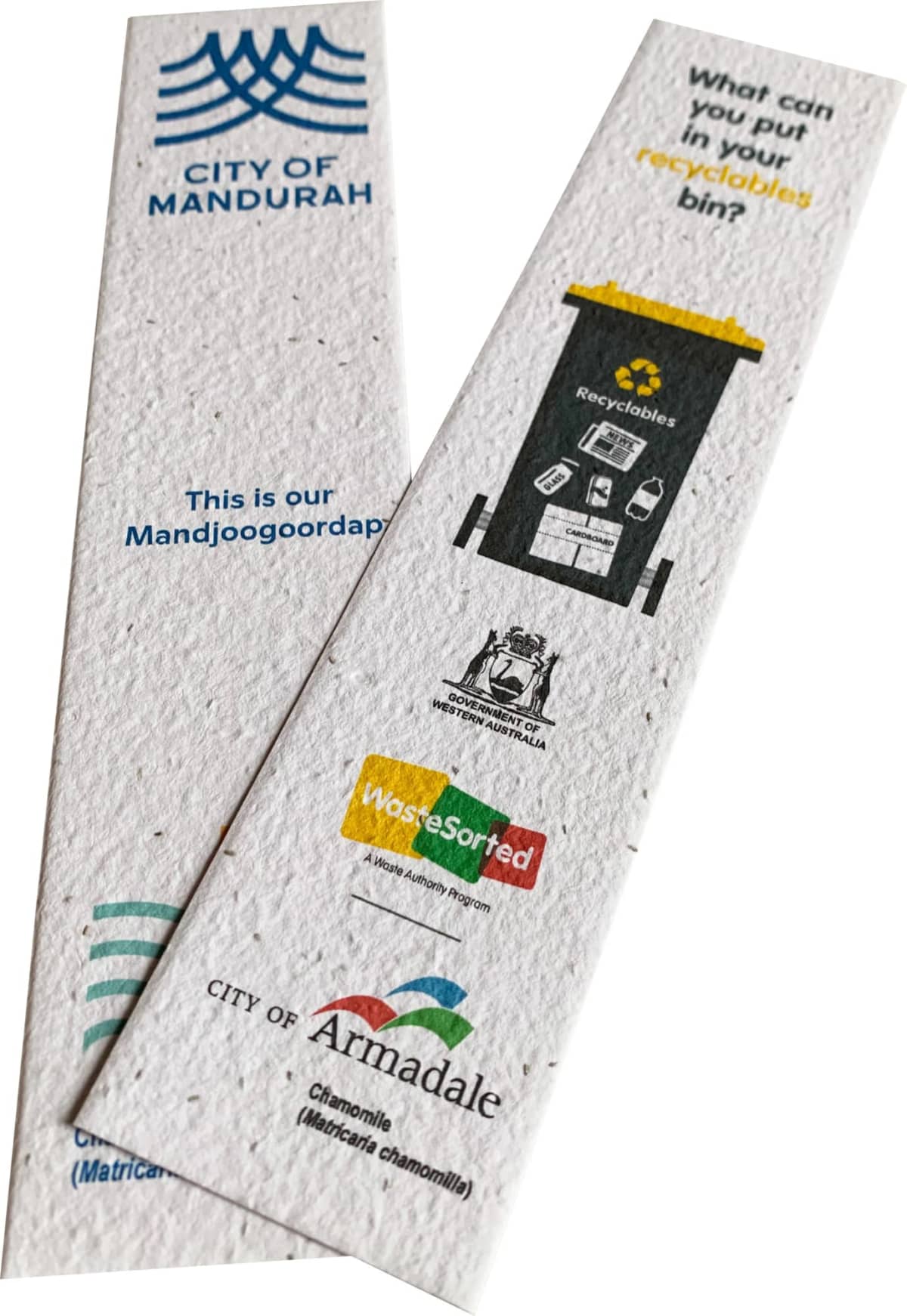 Two bookmarks with environmental themes. One features the City of Mandurah logo, and the other shows a recycling bin with symbols for paper, glass, and plastic. Logos for several organizations, including City of Armadale and the Western Australia Government, are visible.