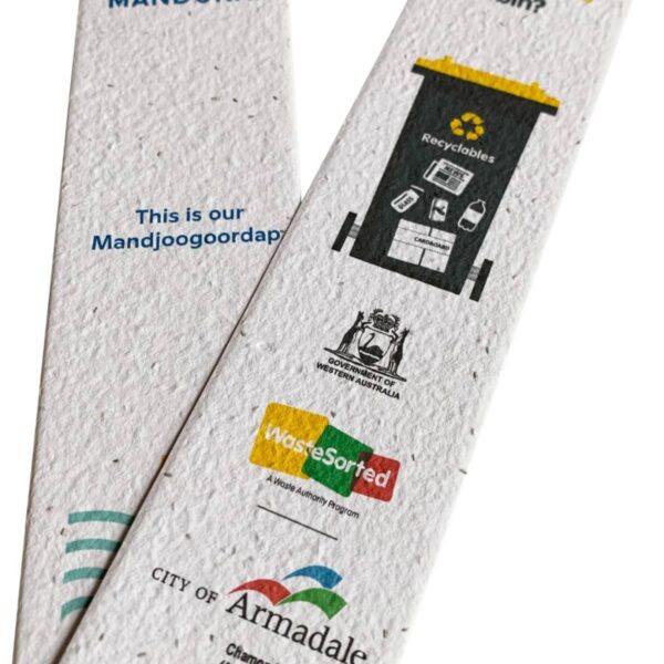 Two bookmarks with environmental messages. The first shows City of Mandurah and plant details. The second features recycling guidelines and logos of partners, including the City of Armadale. They promote sustainable recycling and plant growth.