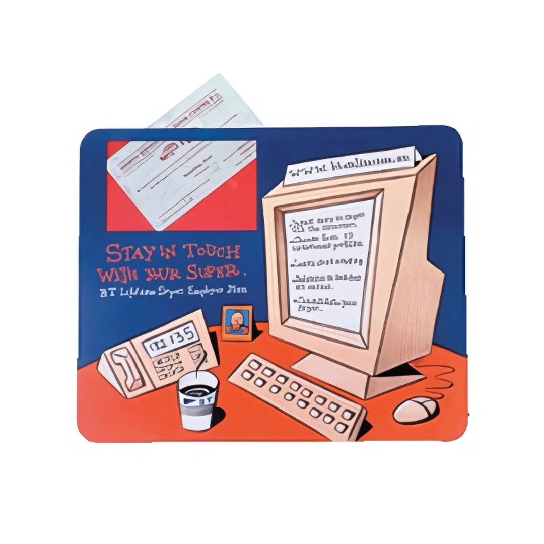 Retro illustration of a computer desk with a vintage monitor showing text. Nearby are the keyboard, cup, papers, and a Promotional Business Card Mouse Mat. Stay in touch with your super is displayed on the image. The red desk contrasts against the blue background for added promotional flair.