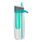 Promotional infusion drink bottle, grey lid, turquoise accents, straw, infuser.