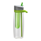 Promotional infusion bottle with green infuser, lid, and straw.