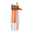 Promotional Infusion Drink Bottle with infuser, orange straw, and gray lid.