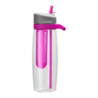 Clear bottle with gray lid, pink straw, and infuser: Promotional Infusion Drink Bottles.