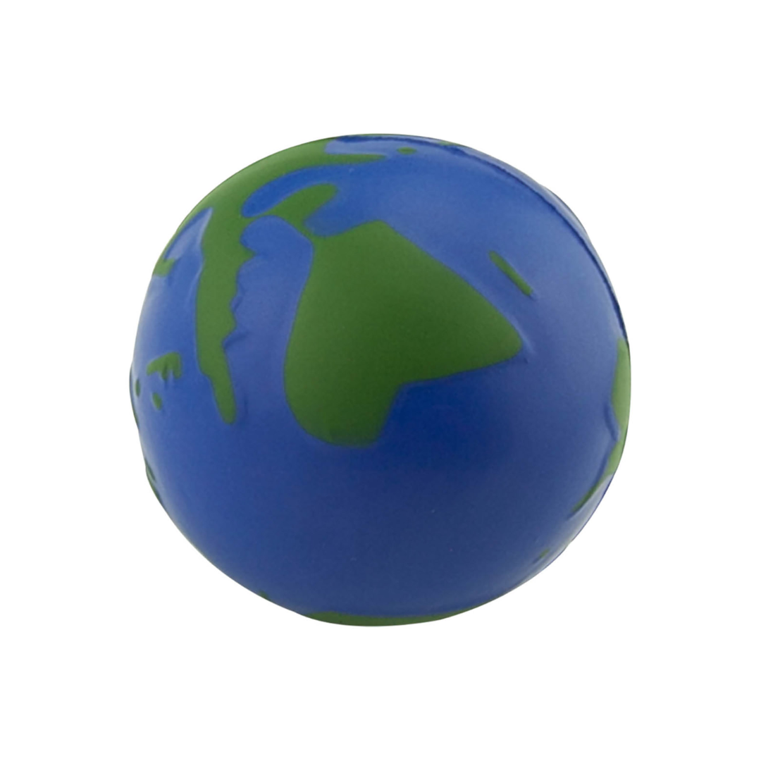 The Promotional Stress Ball Earth features green continents on a blue ocean backdrop, highlighting parts of North and South America, providing a tactile escape while celebrating our planet.