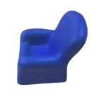 The Promotional Stress Toy Chair is a blue, modern armchair with a minimalist design, featuring a curved backrest, boxy seat, thick armrests, and a slightly slanted profile for stress-relief comfort.