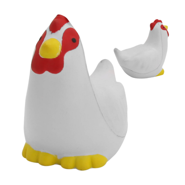 The Promotional Stress Toy Chicken is a small, white toy featuring a red comb, yellow beak, and yellow feet. Seen from the front at a slight angle and with an additional side view, this playful rubber chicken is perfect as a promotional item.